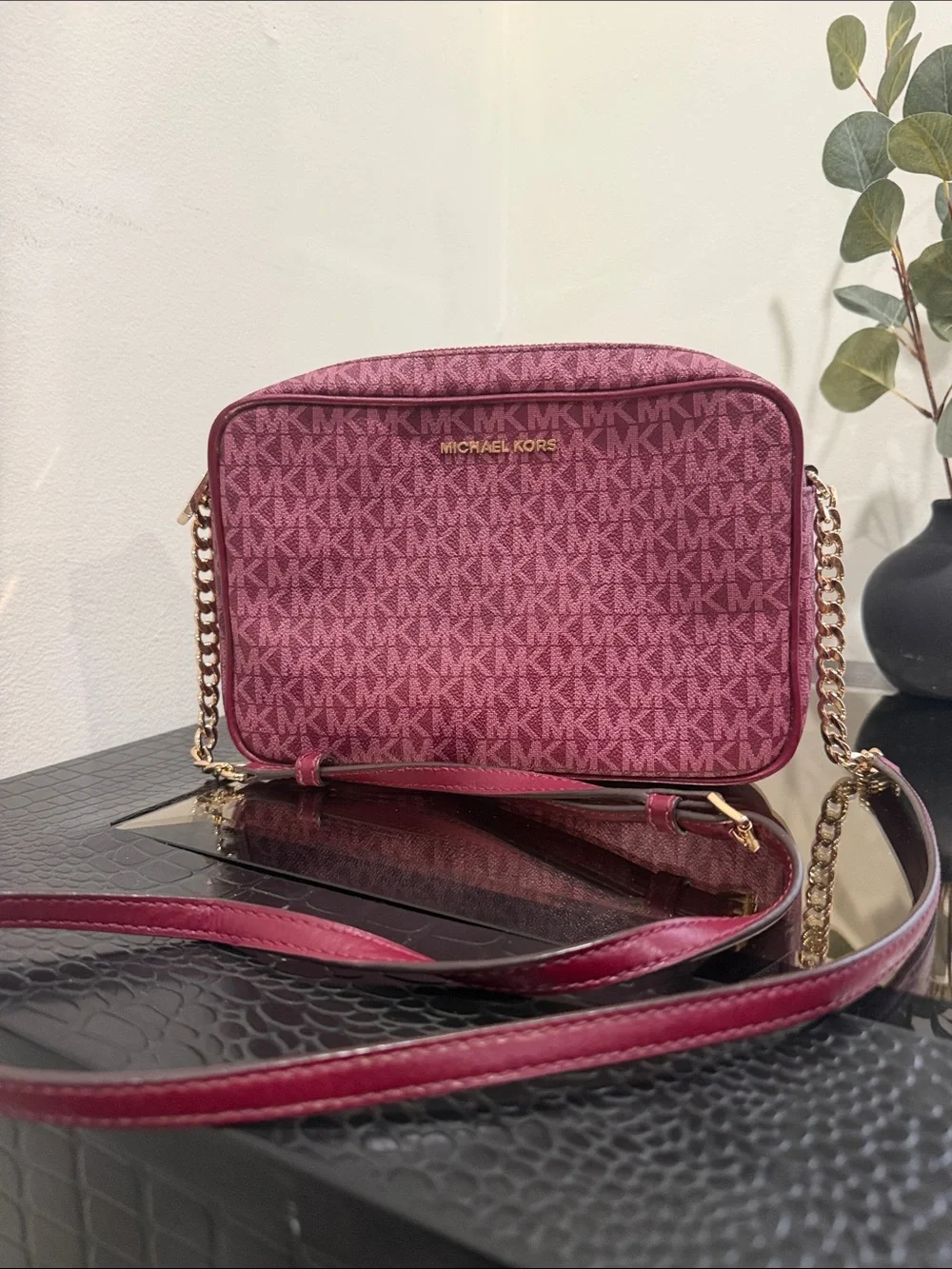 Michael Kors Rose Pink Signature MK Crossbody with Gold Chain